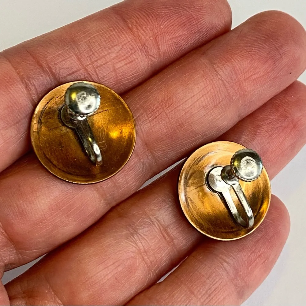 Vintage Copper‎ Screw Back Earrings Bird Design Round Disc